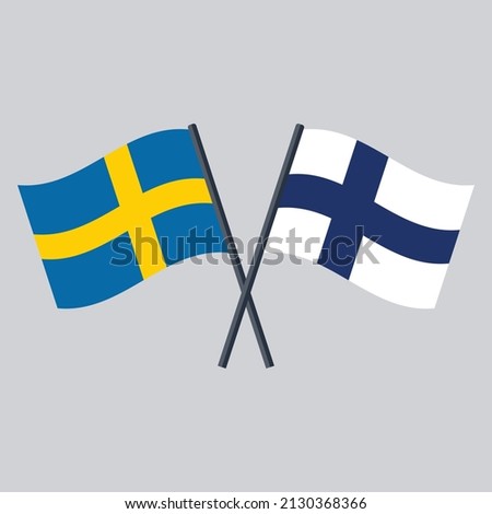 Sweden and Finland flag on stick crossed. Vector icon flat design.