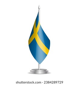 Sweden flag - 3D mini flag hanging on desktop flagpole. Usable for summit or conference presentaiton. Vector illustration with shading.