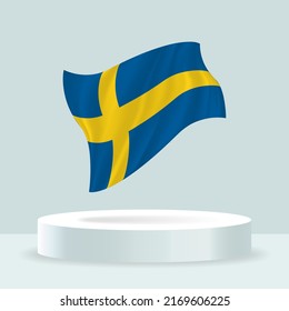 Sweden flag. 3d rendering of the flag displayed on the stand. Waving flag in modern pastel colors. Flag drawing, shading and color on separate layers, neatly in groups for easy editing.