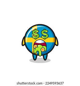 sweden flag badge character with an expression of crazy about money , cute style design for t shirt, sticker, logo element
