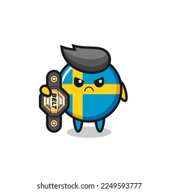 sweden flag badge mascot character as a MMA fighter with the champion belt , cute style design for t shirt, sticker, logo element