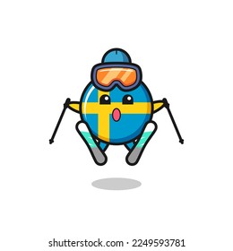 sweden flag badge mascot character as a ski player , cute style design for t shirt, sticker, logo element