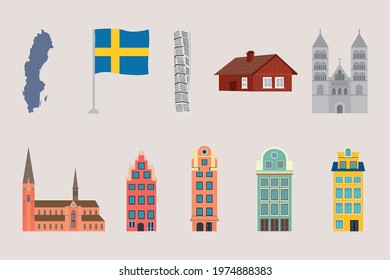 sweden flag and buildings icon set
