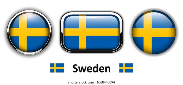 Sweden flag buttons, 3d shiny vector icons.