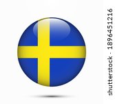 Sweden flag circle shape button glass texture vector illustration. Clear circle isolated Sweden flag background button. Transparent glossy glass button Sweden flag