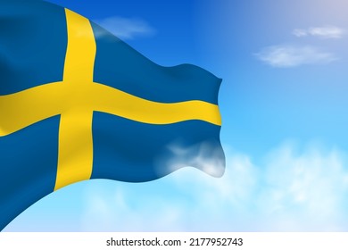 Sweden flag in the clouds. Vector flag waving in the sky. National day realistic flag illustration. Blue sky vector.