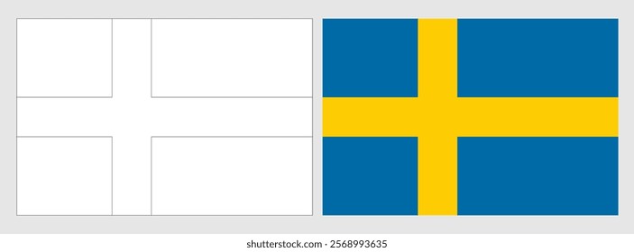 Sweden flag - coloring page. Set of white wireframe thin black outline flag and original colored flag.