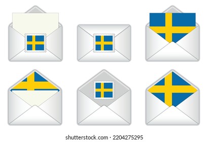 Sweden flag in the envelope. Swedish
 stamp flag. Opened, closed Swedish letter, isolated on white background.