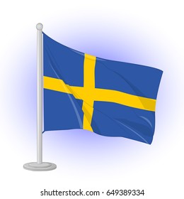 Sweden flag flapping in the wind. Icon for your design isolated on blue background in cartoon style for Independence Day. Vector illustration. Holiday Collection.