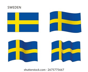 Schwedische Flagge in flacher und gewellter Konfiguration, Vektorgrafik einzeln auf weißem Hintergrund, eps