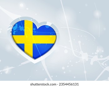 Schweden Flagge in Form eines 3D-Herzens und abstrakter Farbflecken Hintergrund. Flagge Schwedens. Verwendung für Broschüren, gedruckte Materialien, Logos, Zeichen, Elemente usw.