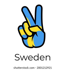 Sweden flag in the form of a peace sign. Gesture V victory sign, patriotic sign, icon for apps, websites, T-shirts, souvenirs, etc., isolated on white background