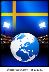 Sweden Flag with Globe on Stadium Background Original Illustration