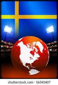 Sweden Flag with Globe on Stadium Background Original Illustration