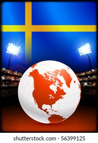 Sweden Flag with Globe on Stadium Background Original Illustration