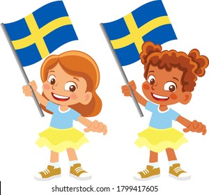 Sweden flag in hand. Children holding flag. National flag of Sweden vector
