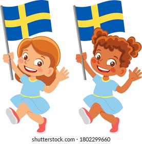 Sweden flag in hand. Children holding flag. National flag of Sweden vector