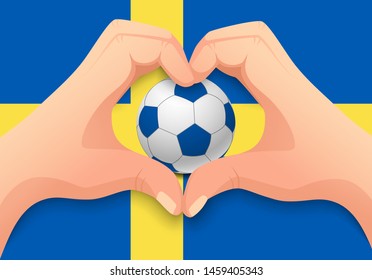 Sweden flag and hand heart shape. National football background. Soccer ball with flag of Sweden vector illustration