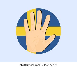 Schwedische Fahne mit Handstopp-Schild, Protest- und Menschenrechtsidee, Vektorgrafik-Design, Protest in Schweden, Einschränkung oder verbotenes Emblem, Verletzung der Meinungsfreiheit, Krieg beenden