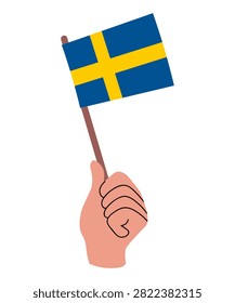 Sweden flag in a human hand. Swedish flag vector illustration isolated on white. Ready for national celebration, Midsummer, travel, culture, education, and patriotic design.