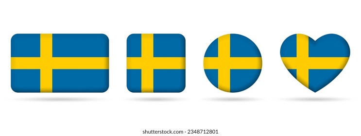Sweden flag icon or badge set. Swedish square, heart and circle national symbol or banner. Vector illustration.