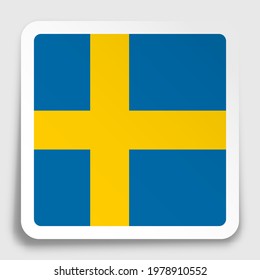 Sweden flag icon on paper square sticker with shadow. Button for mobile application or web. Vector