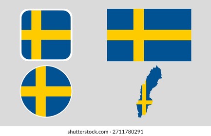 Sweden Flag Icon Set in Square, Round, and Map Shapes. Clean Modern Collection. Perfect for use in apps, websites, presentations, infographics, educational materials, travel content.