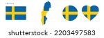 Sweden flag icon set. Swedish pennant in official colors and proportions. Rectangular, map-shaped, circle and heart-shaped. Flat vector illustration isolated on white.