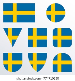 Sweden flag icon set. Swedish flag button or badge in different shapes. Vector illustration.