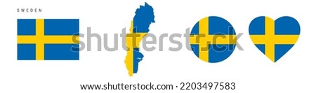 Sweden flag icon set. Swedish pennant in official colors and proportions. Rectangular, map-shaped, circle and heart-shaped. Flat vector illustration isolated on white.