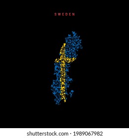 Sweden flag map, chaotic particles pattern in the colors of the Swedish flag. Vector illustration isolated on black background.