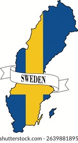 sweden flag map, name in letters, white background and identity