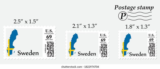 Mapa de la bandera de Suecia en el sello postal de diferente tamaño.