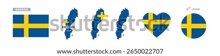 sweden flag and map set. sweden flag in official colors and proportions. independence day 6 june, map, circle and heart shaped sweden