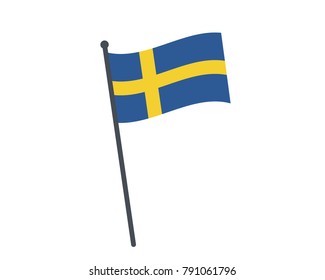 Sweden flag. The national flag of Sweden on a pole. The waving flag. The sign and symbol of the country. Realistic vector on white.
