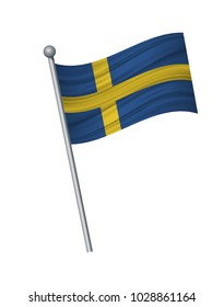 Sweden flag on the flagpole. Official colors and proportion correctly. waving of Sweden flag on flagpole, vector illustration isolate on white background.