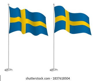 Sweden flag on flagpole waving in the wind. Holiday design element. Checkpoint for map symbols. Isolated vector on white background