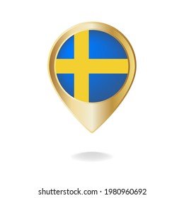 Bandera de Suecia en el mapa del puntero dorado, ilustración vectorial eps.10