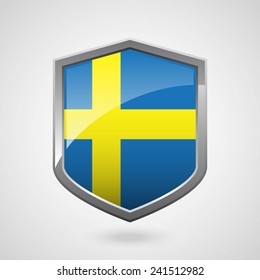 Sweden Flag on a Grey Shiny Shield, Vector Illustration isolate on Grey Background