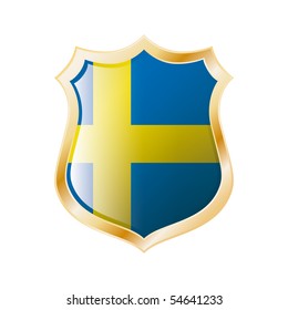 Sweden flag on metal shiny shield vector illustration. Collection of flags on shield against white background. Abstract isolated object.