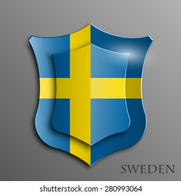 Sweden Flag on a Shiny Shield, Vector Illustration isolate on Grey Background