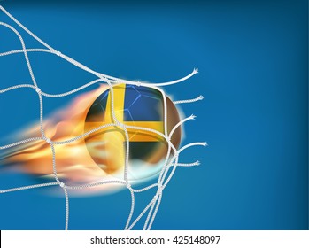 Sweden flag on soccer ball goes through the net of goal in vector illustration, design for score in football with powerful shooting as a fire