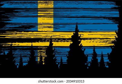 Sweden  flag painted with brush stroke on night sky in forest background,Symbols of Sweden, template for banner,advertising ,promote,design,vector, top gold medal winner sport country