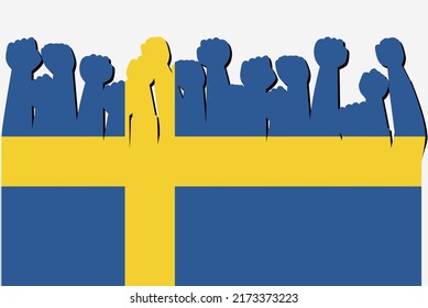 Sweden flag with raised protest hands vector, country flag logo, Sweden protesting concept, flat design, against idea