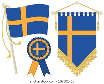 sweden flag, rosette and pennant, isolated on white
