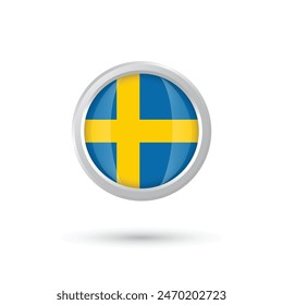 Sweden flag round button shaped. isolated vector realistic illustration of Swedish flag on a White background with shadow under flag. Round 3D frame and glossy flag of sweden.