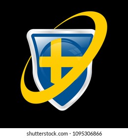 Sweden Flag. Round Glossy button and shield.