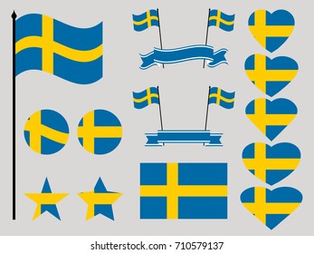 Sweden flag set. Collection of symbols heart and circle. Vector illustration