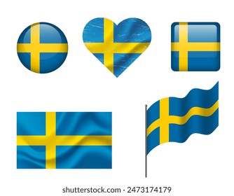 Sweden flag - set of icons. Vector flag of Sweden, symbol. Set of Sweden flags - button, waved, heart.