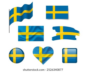 Conjunto de ícones da bandeira da Suécia. Bandeira vetorial da Suécia, símbolo Conjunto de Suecia bandeiras escova, botão, acenado, coração.